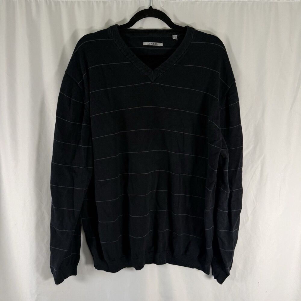 Ashworth Sweater Men's 2XL Black Striped Vneck 100% Cotton Pullover